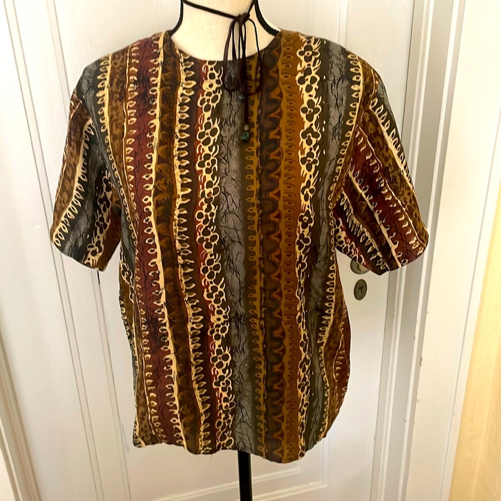 Oscar De la Renta 100% Silk Blouse Brown and Burgundy Abstract Size Medium‎